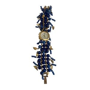 Ronica Quartz Watch Blue Beaded Cluster Charm Bracelet Gold Tone Leaf Womens
